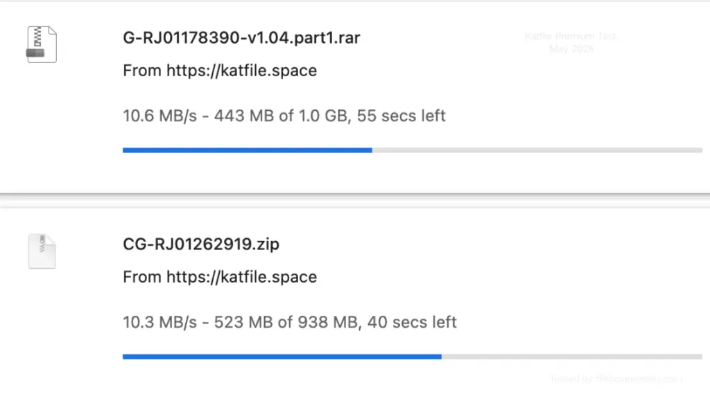 Google Chrome download manager tracking a single Katfile archive file hitting 10.6 MB/s speed.