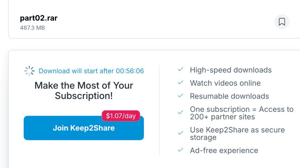 Keep2Share free download gate telling the user they must wait 56 minutes before the next file download unlocks.