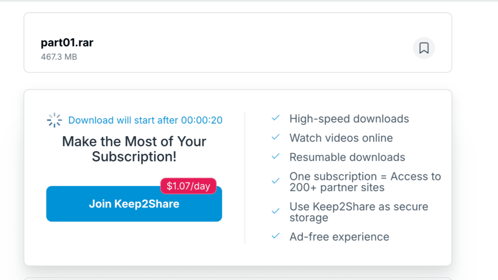 Keep2Share free download page showing an active countdown timer forcing a 20 second wait.