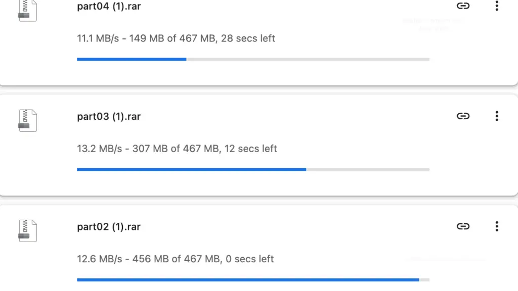 Chrome download manager running three concurrent Alfafile premium links simultaneously.