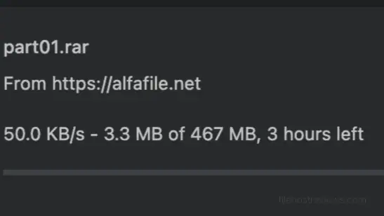 Google Chrome browser download showing Alfafile free tier capped at exactly 50 KB/s.
