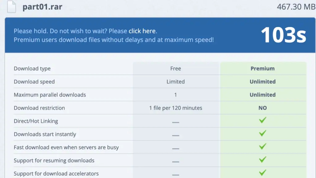Alfafile free tier download restrictions showing countdown timer and 120-minute lockout penalty.
