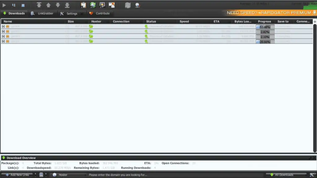 JDownloader 2 download deck maxing out parallel file streams from Alfafile premium at an aggregate speed of over 60 MiB/s.