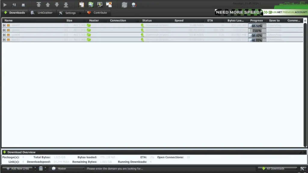 JDownloader 2 first test run showing four Alfafile Premium downloads combined at 54.244 MiB per second