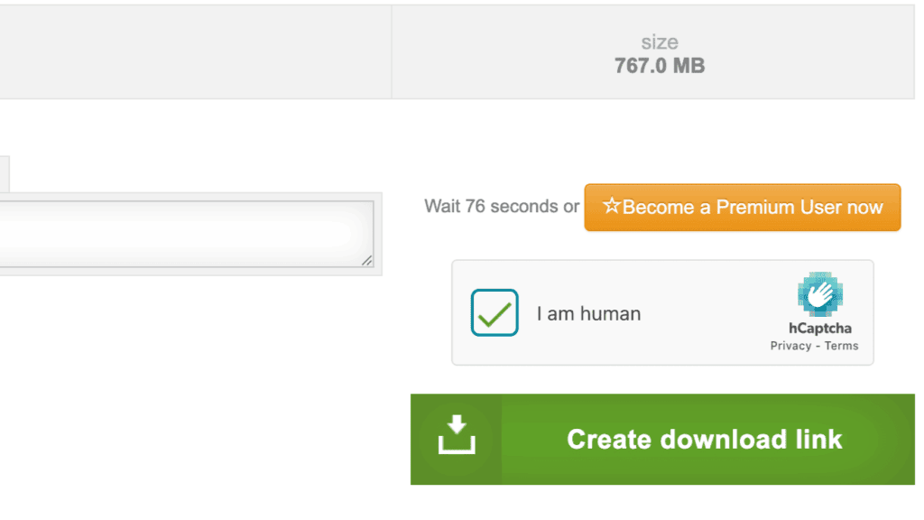 Daofile download panel showing a completed hCaptcha challenge and the green link creation button.