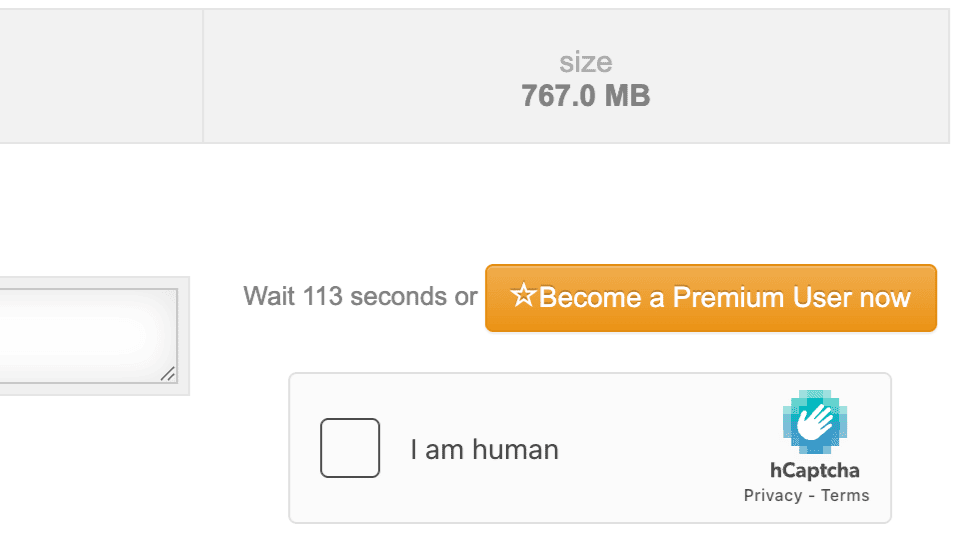 Daofile free tier download page showing a mandatory 113-second wait timer with hCaptcha.