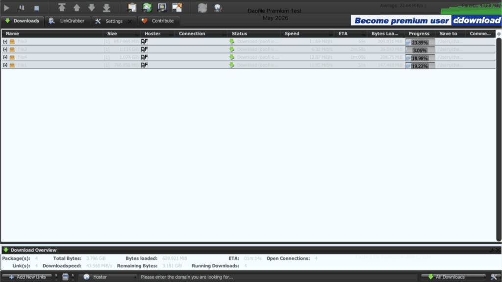 JDownloader 2 dashboard executing 4 concurrent Daofile links hitting an aggregate download speed of 43.56 MB/s.