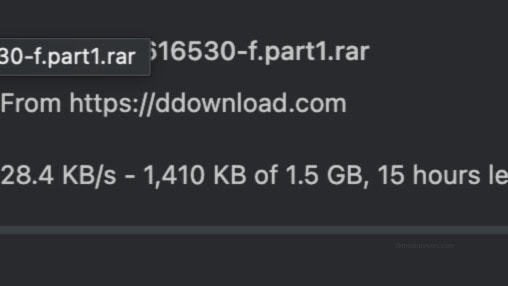 Google Chrome download manager showing a DDownload file throttled at 28.5 KB/s.
