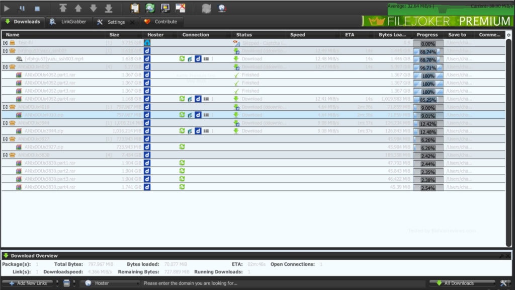 JDownloader 2 download tab showing active DDownload premium tasks hitting 32.64 MB/s.