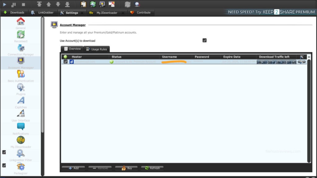 JDownloader 2 account manager showing a verified DDownload premium account token.