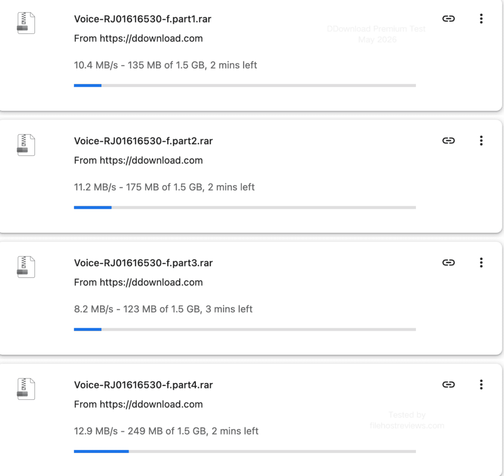 Two concurrent file downloads from DDownload in Chrome running at 12.9 MB/s and 10.4 MB/s.