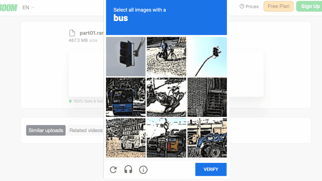 FileBoom free download path showing a standard graphical bus captcha verification prompt.