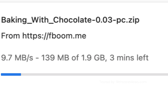 Google Chrome browser download bar showing a single FileBoom premium link running at 9.7 MB/s.