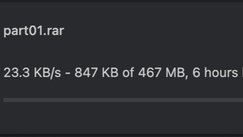 Chrome browser download manager showing a FileBoom free link heavily throttled to 23.3 KB/s.