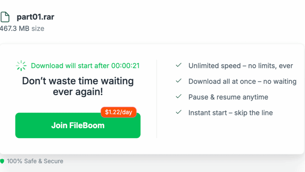 FileBoom download interface showing a 30-second countdown timer alongside a premium account upgrade pitch.