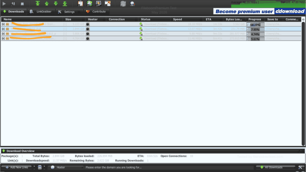 JDownloader 2 download window pulling 4 parallel files from FileBoom at a combined average speed of 42.09 MB/s, peaking at 47.89 MB/s.