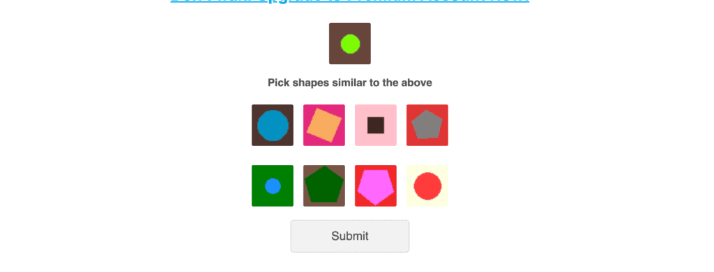 FileJoker free tier download interface showing a custom shape-matching symbol captcha box.