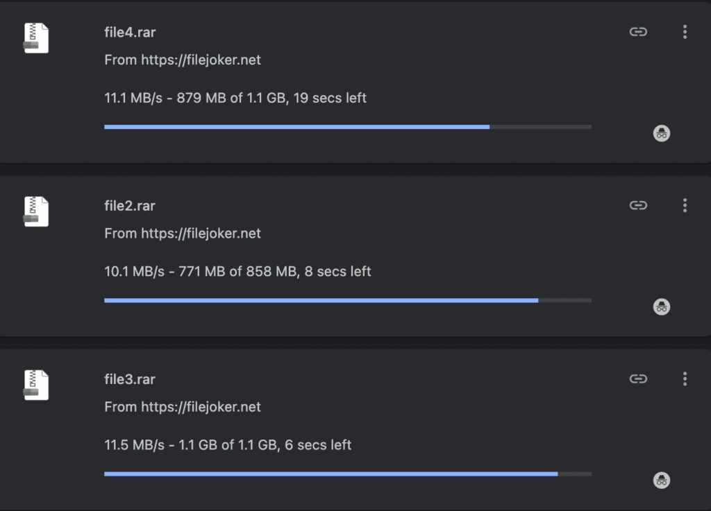 Google Chrome handling three concurrent premium FileJoker downloads splitting the connection pipe.