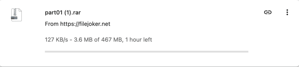 Chrome browser download manager showing a free FileJoker link tracking at 127 KB/s.