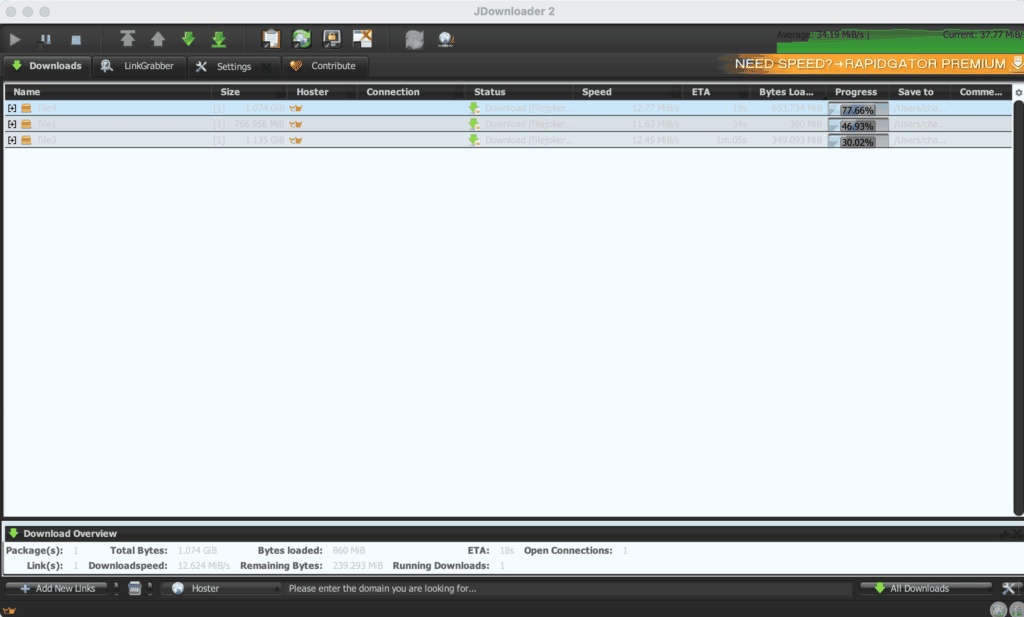 JDownloader 2 dashboard pulling three files simultaneously from FileJoker showing a combined speed cap of 12.23 MB/s.