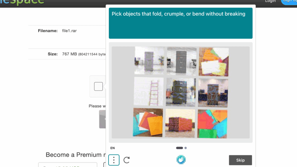 FileSpace free tier download process showing an hCaptcha image puzzle overlay.