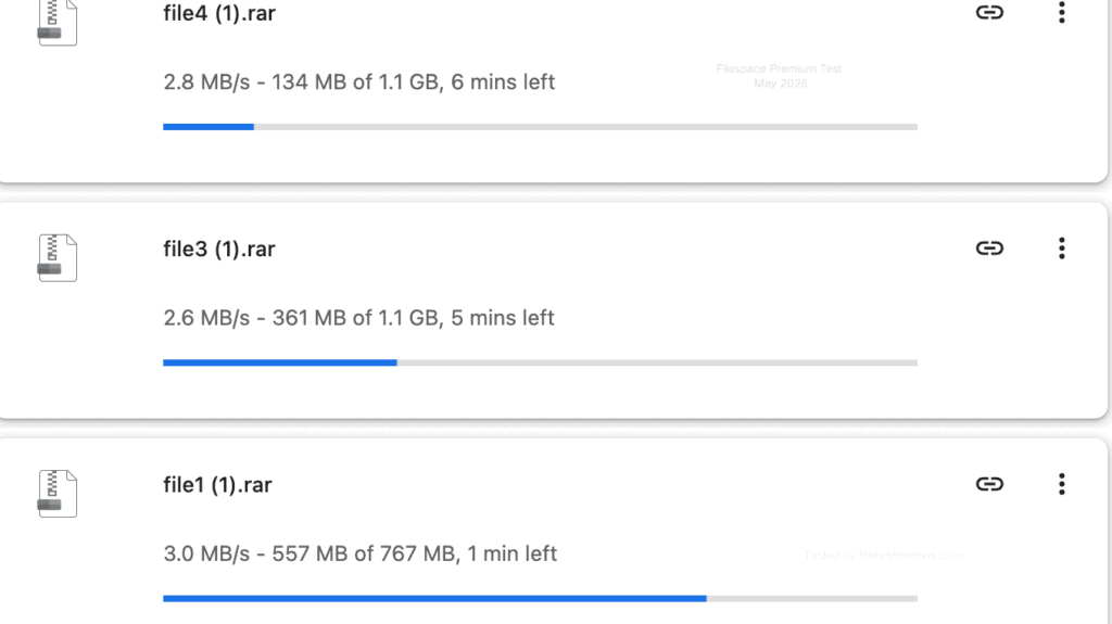 Google Chrome download manager displaying three parallel FileSpace premium downloads totaling less than 9 MB/s.