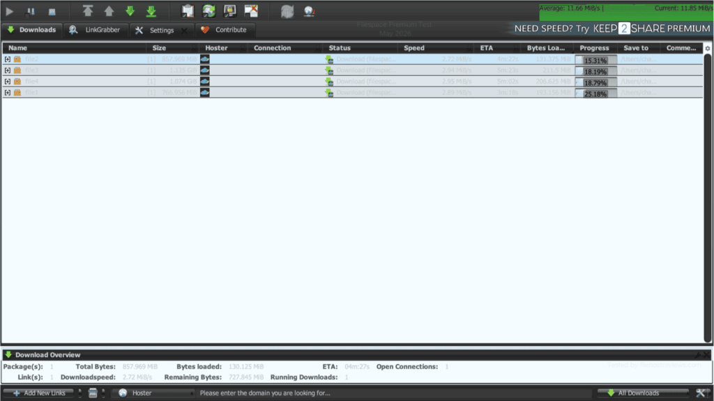 JDownloader 2 interface running 4 parallel FileSpace links at an average speed of 11.66 MB/s.