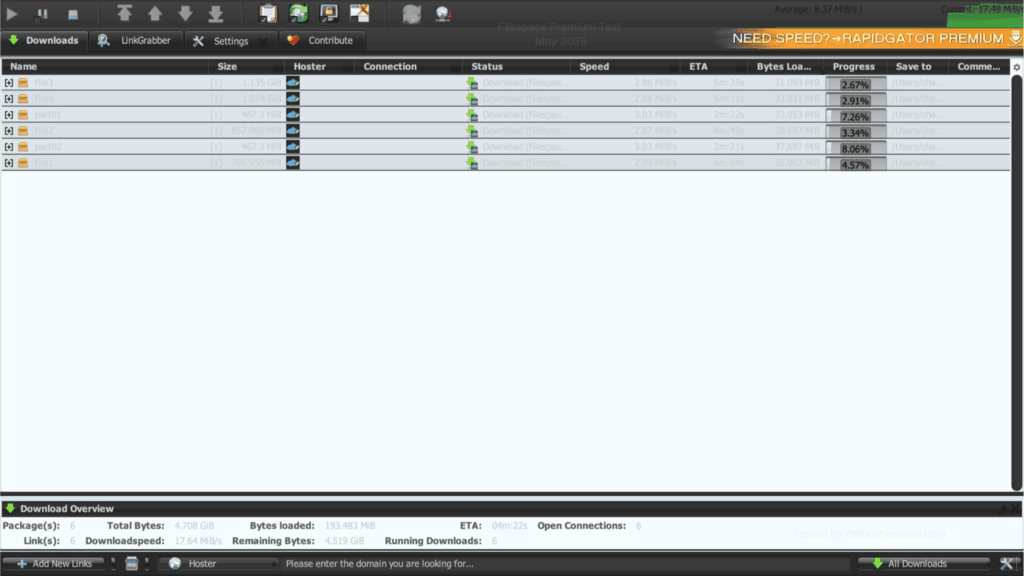 JDownloader 2 download dashboard handling 6 parallel FileSpace links at a combined speed of 17.49 MB/s.