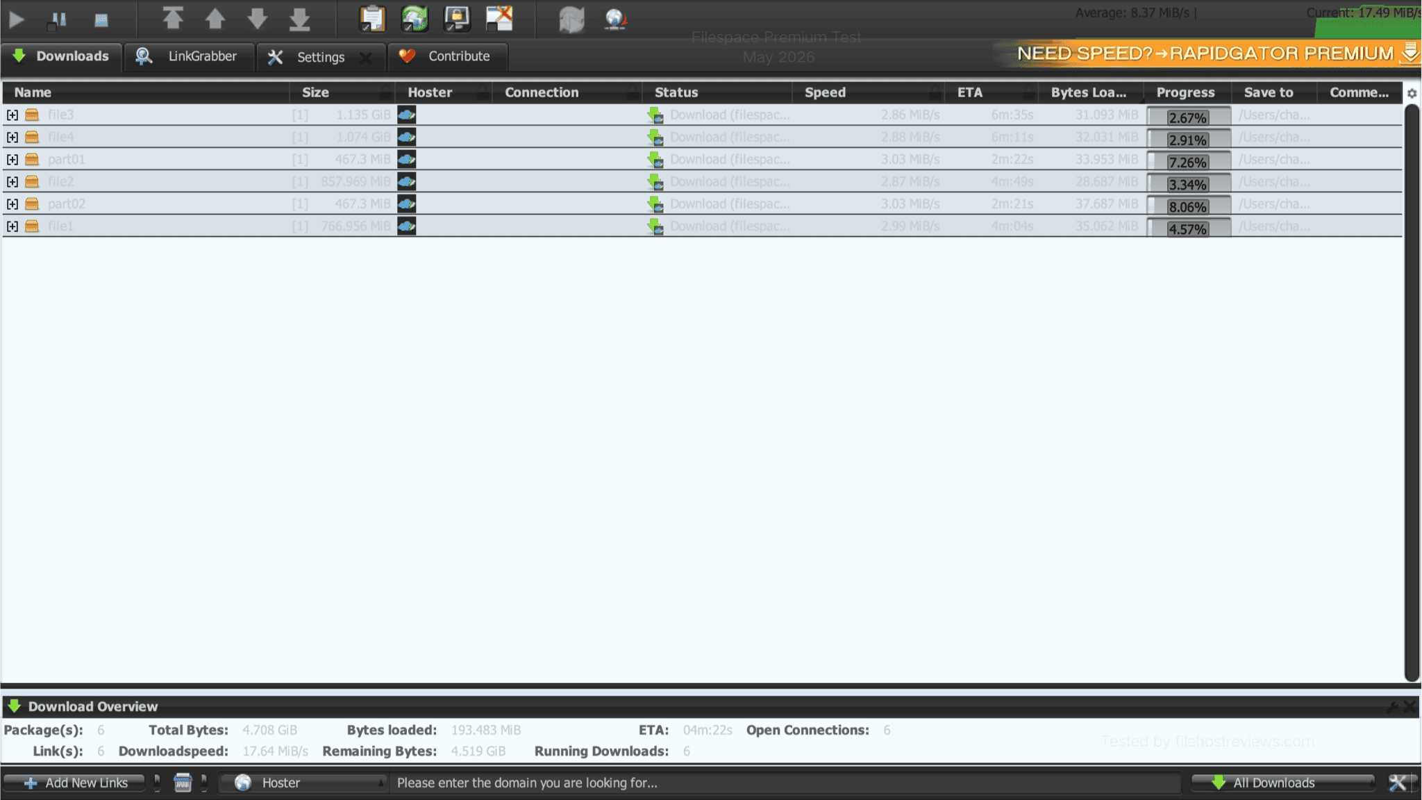 JDownloader 2 download dashboard handling 6 parallel FileSpace links at a combined speed of 17.49 MB/s.