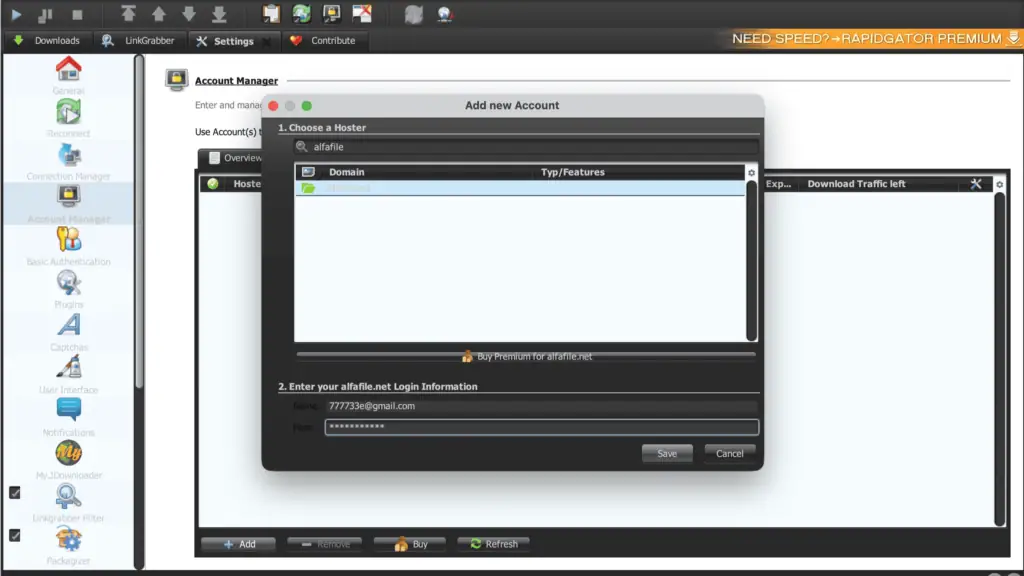JDownloader 2 Add Account dialog box for alfafile.net credential entry.