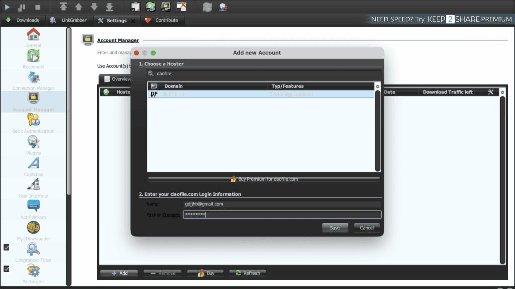 JDownloader 2 account configuration panel for entering daofile.com user login details.