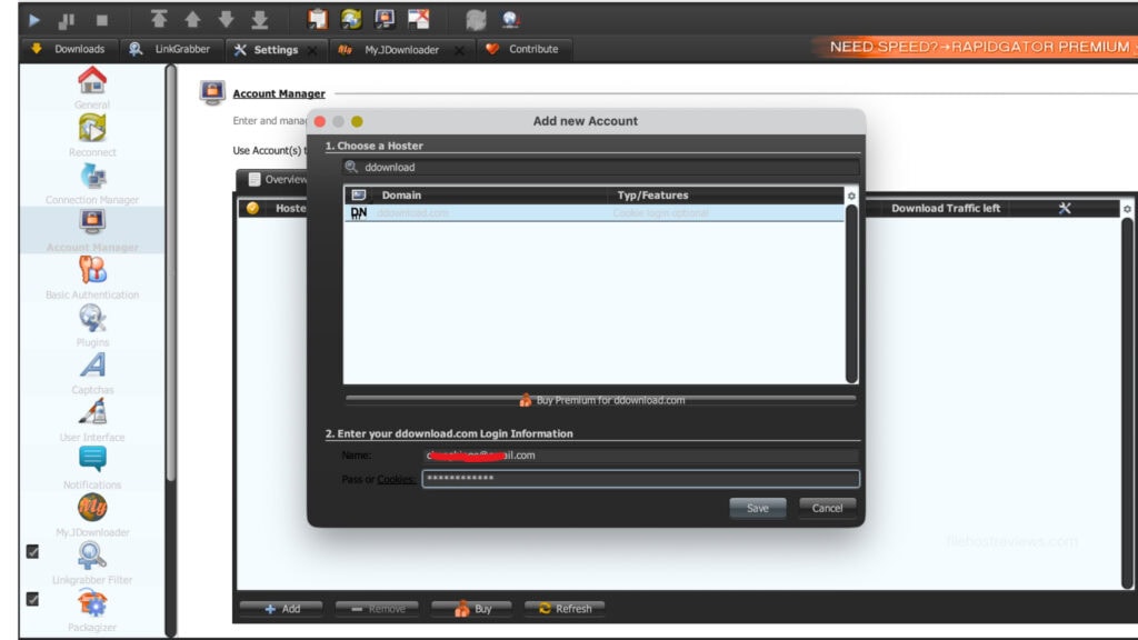 JDownloader 2 account creation box with ddownload.com selected.