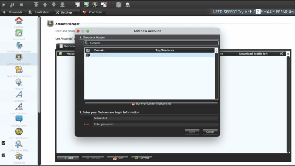 JDownloader 2 Account Manager popup interface showing the hoster login setup panel for fileboom.me.