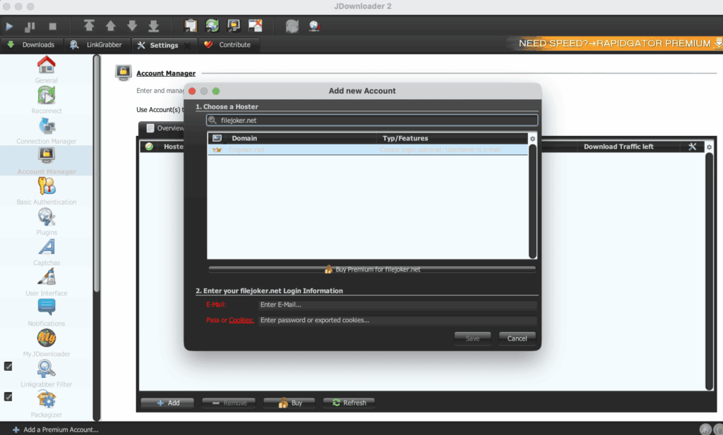 JDownloader 2 account creation modal for inputting filejoker.net login credentials.