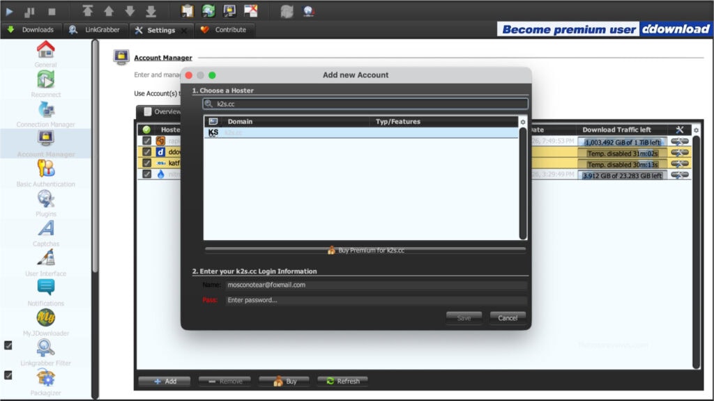 JDownloader 2 Add New Account overlay window with the k2s.cc domain filter selected.