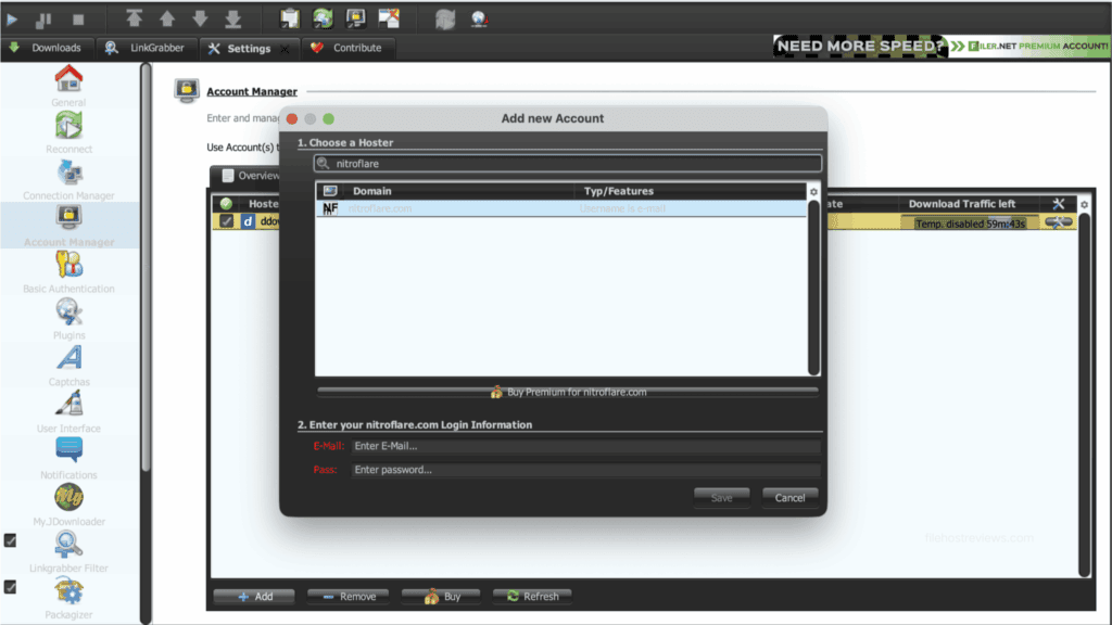 JDownloader 2 Add new Account dialog box with nitroflare.com selected.
