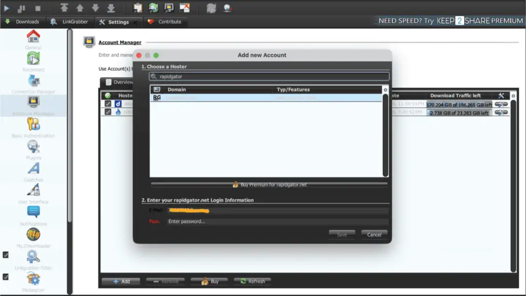 JDownloader 2 Add new Account window with rapidgator.net selected.
