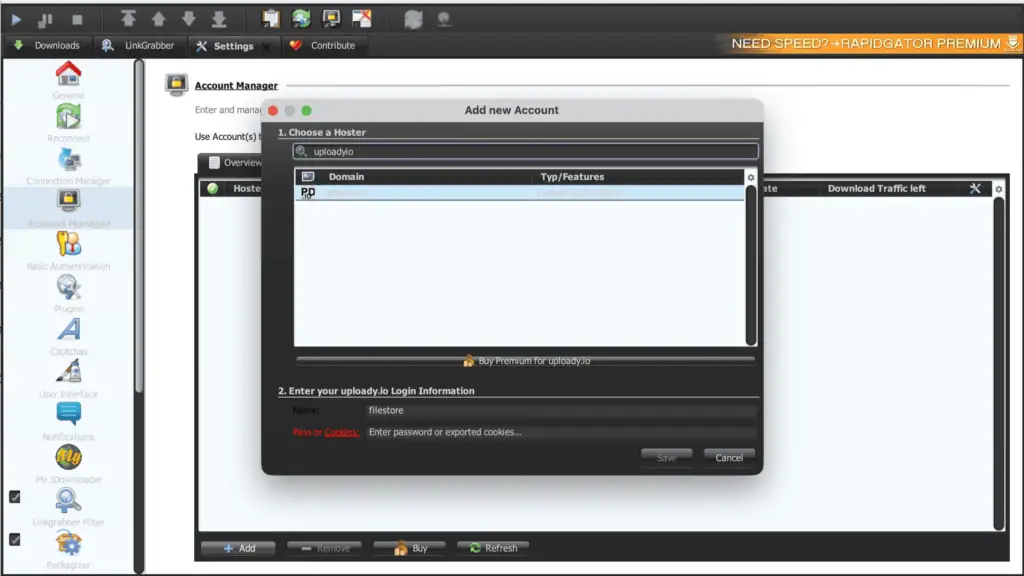 JDownloader 2 Account Manager interface showing the add host account popup for uploady.io.
