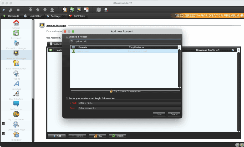 JDownloader 2 premium account setup menu showing the credential fields for upstore.net.