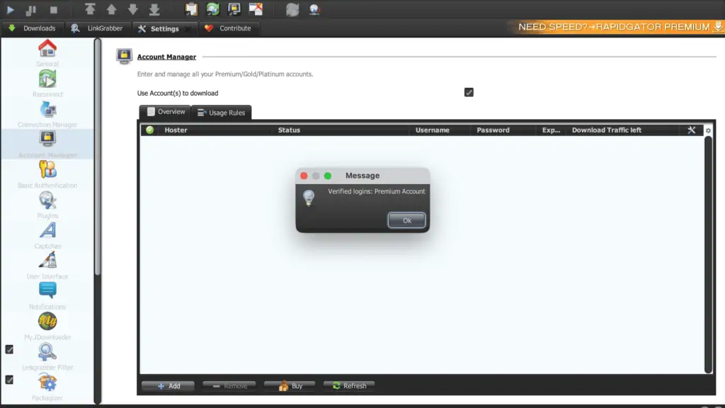 JDownloader 2 premium account login verification message popup.
