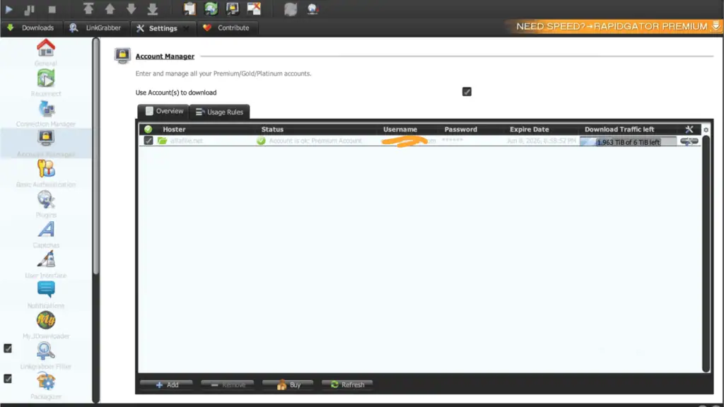 JDownloader 2 Account Manager dashboard showing verified Alfafile premium status with 6 TiB traffic left.