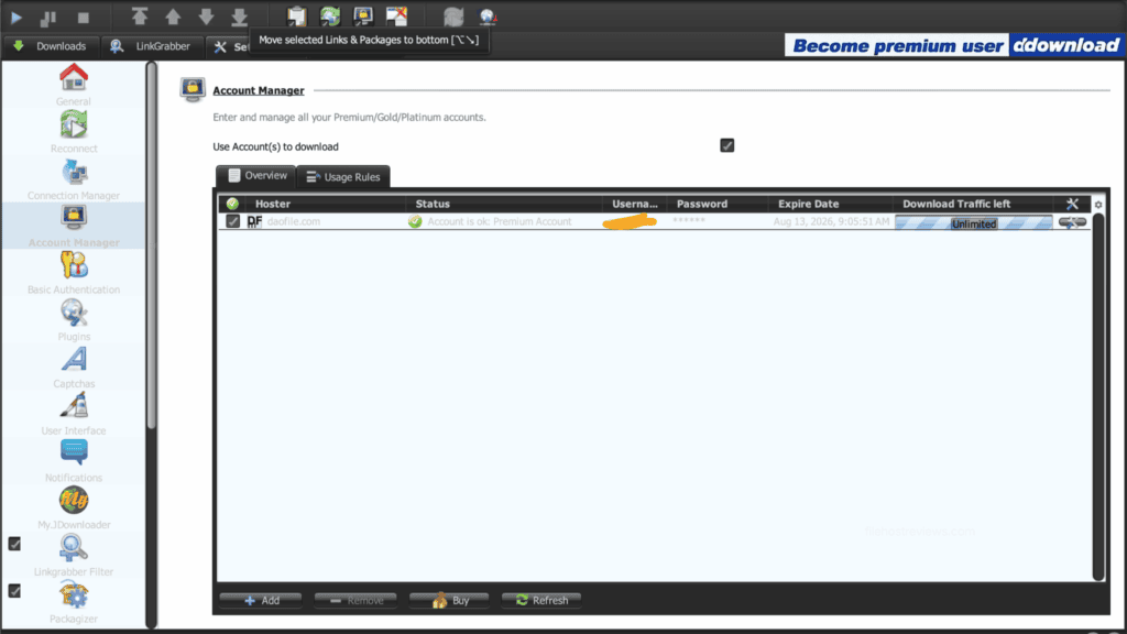 JDownloader 2 account manager interface confirming a healthy Daofile premium status with unlimited traffic remaining.