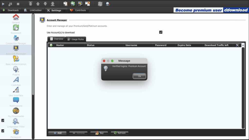 JDownloader 2 notification box showing a successful premium login verification.