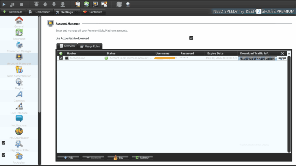 JDownloader 2 account status manager displaying an active FileBoom Premium Pro account with 47.199 GiB of remaining daily traffic.