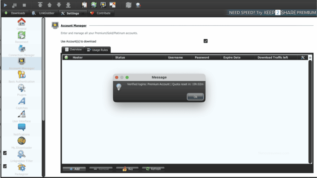 JDownloader 2 success notification dialogue confirming a verified premium account for FileBoom.