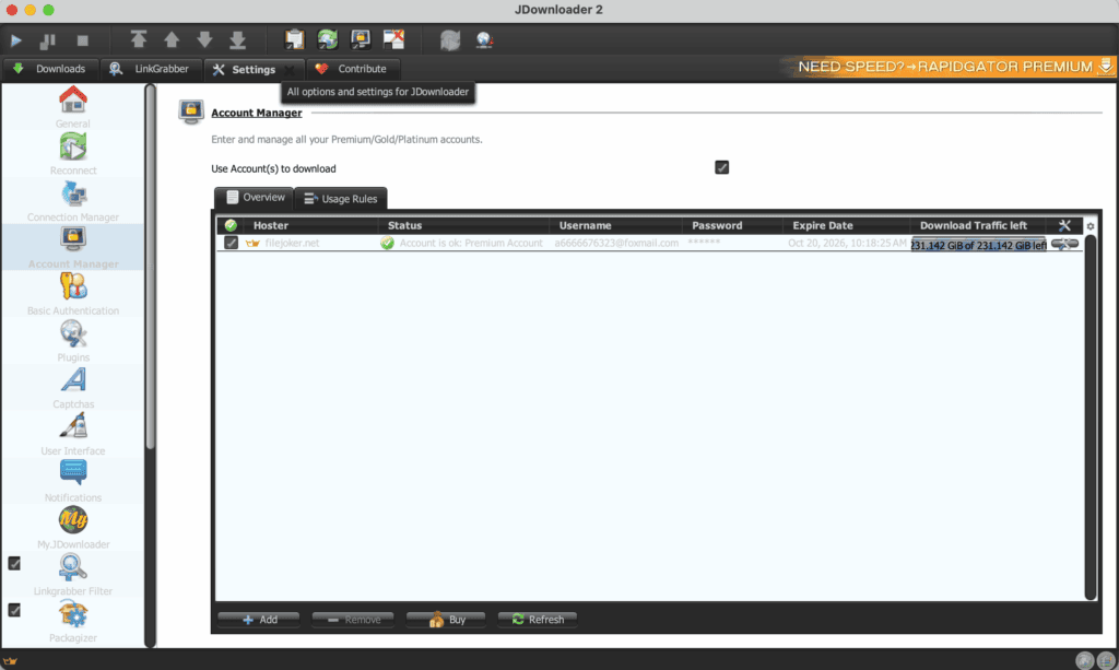 JDownloader 2 account manager showing an authorized FileJoker premium subscription with 231 GiB remaining.
