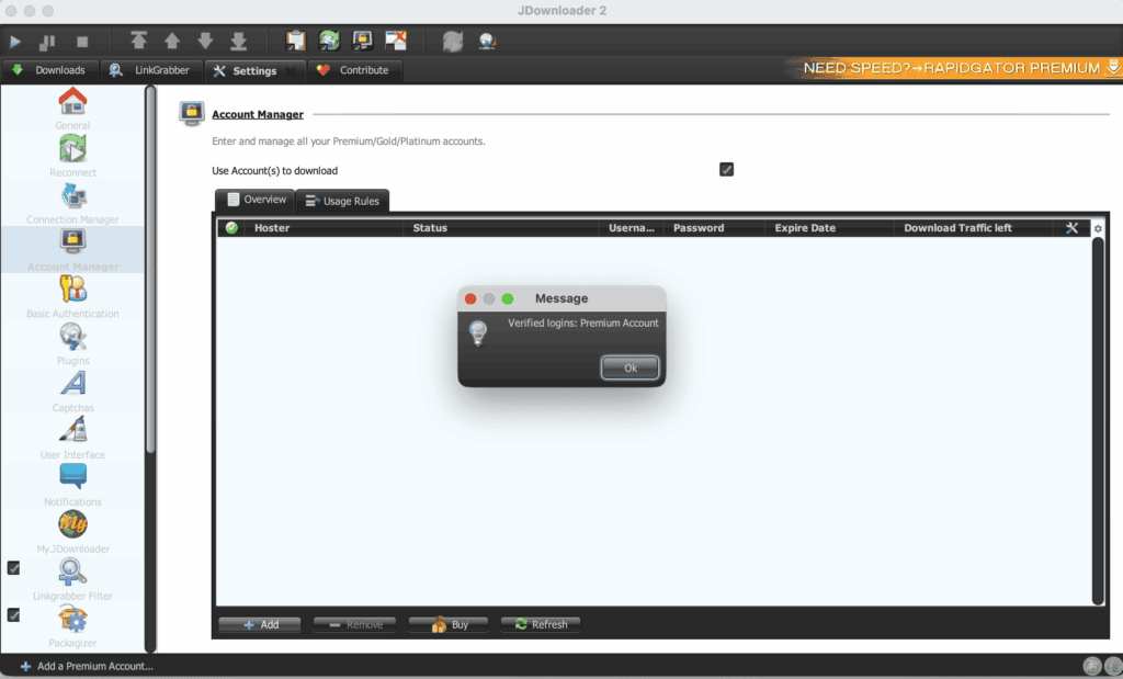 JDownloader 2 dialogue message indicating verified premium status login successful.