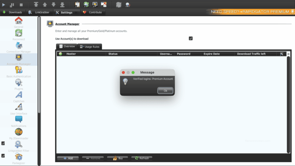 JDownloader 2 notification dialogue box confirming a verified premium account for FileSpace.