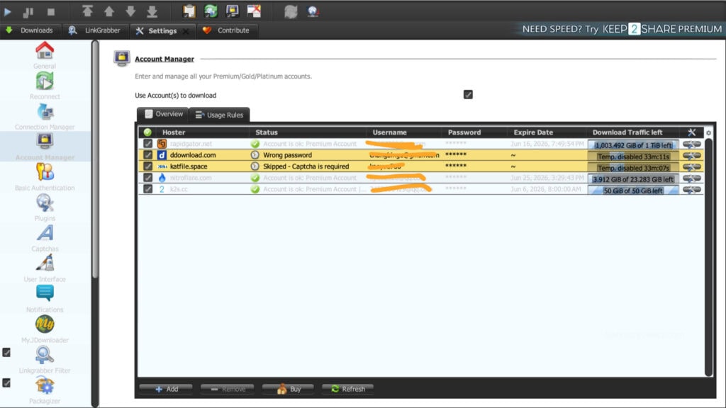 JDownloader 2 Account Manager dashboard displaying an active verified premium account line for k2s.cc with 50 GB traffic left.