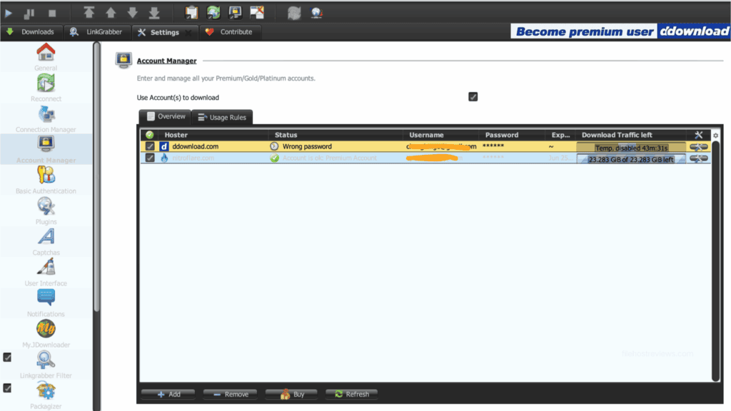 JDownloader 2 interface showing a verified Nitroflare premium account status.